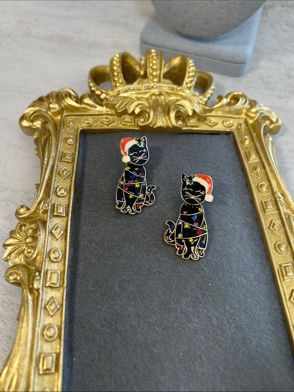 Holiday Black Cat Enamel Earrings with Santa Hat - Unbranded